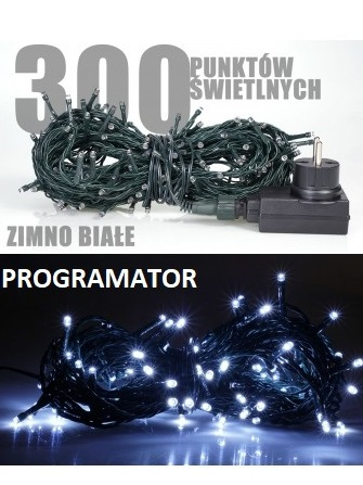 Lampki diody 300 LED + programatror transformator zimne (LZ-ECO-LED-300+PR ZB) dł.29,9m dioda co 10cm + przyłącze 1,6m