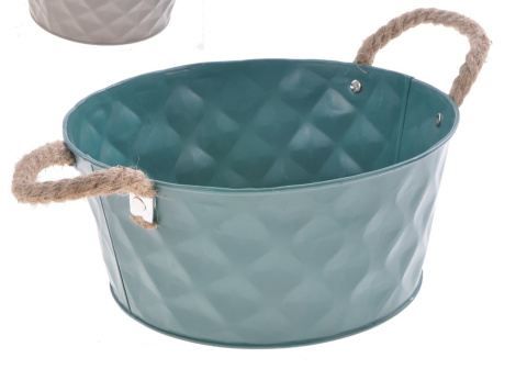 Osłonka metalowa na doniczkę 3kolory płaska h:10,2cm uchwyt sznurek (QX-1904185S)