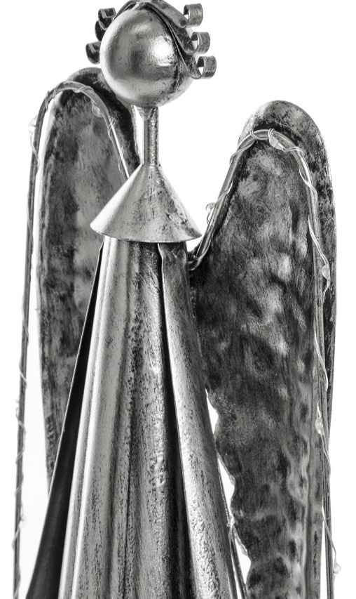 Anioł metalowy srebrny 49cm z oświetleniem LED (ART18383) fi 11cm na baterie 3*AAA b.ciepłe