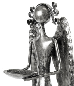Anioł metalowy srebrny 68cm ażurowy z misą (ART18451)
