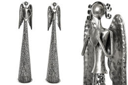 Anioł metalowy srebrny 68cm ażurowy z sercem w dole (ART18450) fi 14cm