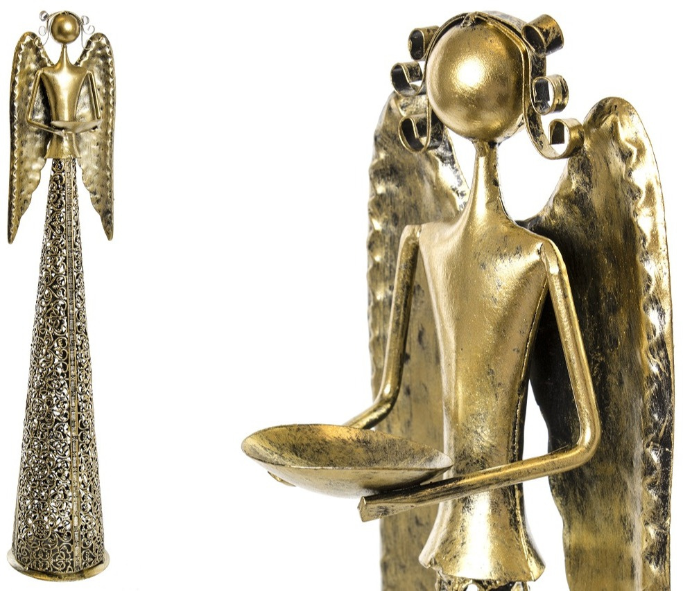 Anioł metalowy złoty 55cm ażurowy z misą (ART18395) fi 11cm