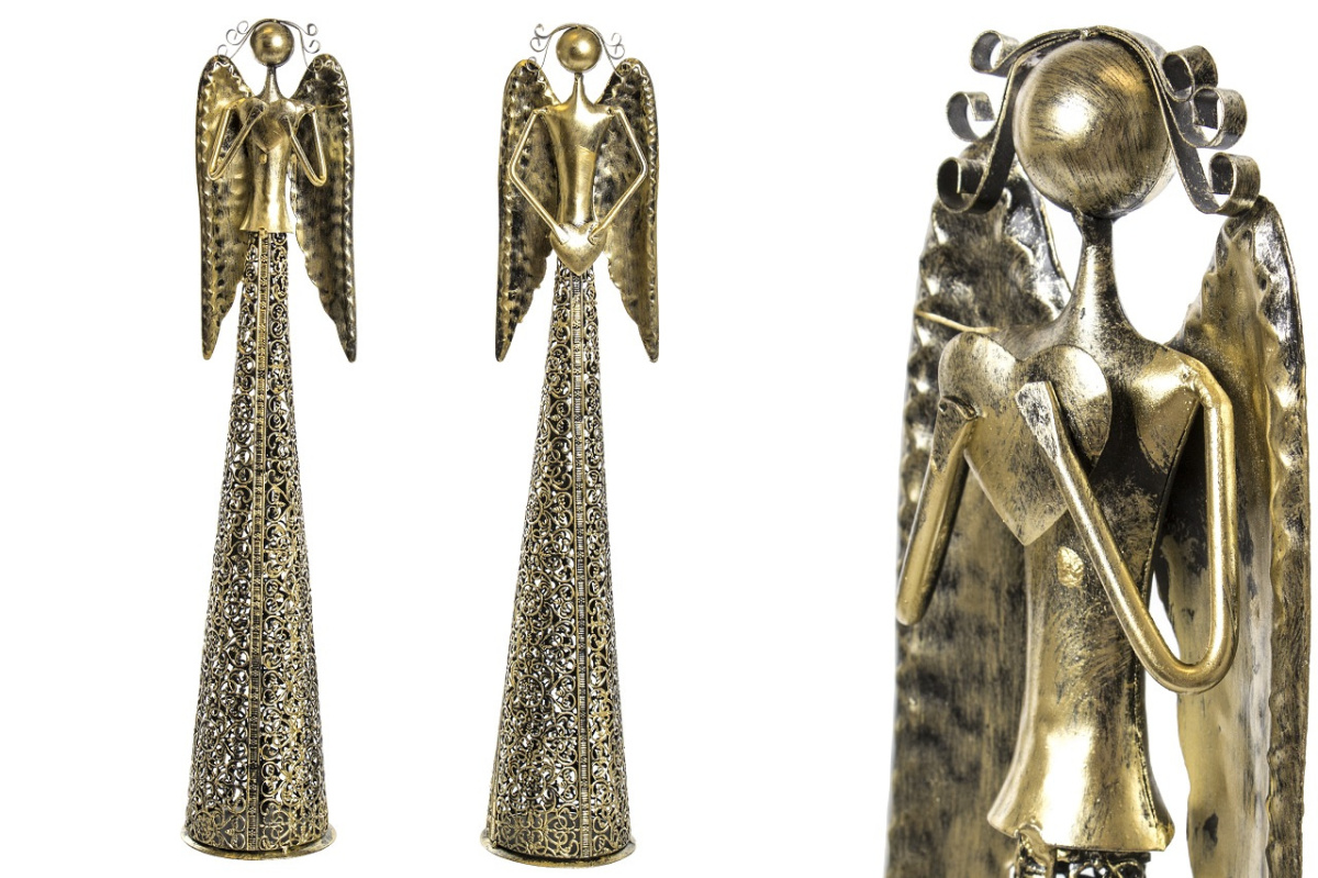Anioł metalowy złoty 55cm ażurowy z sercem w dół (ART18394) fi 11cm