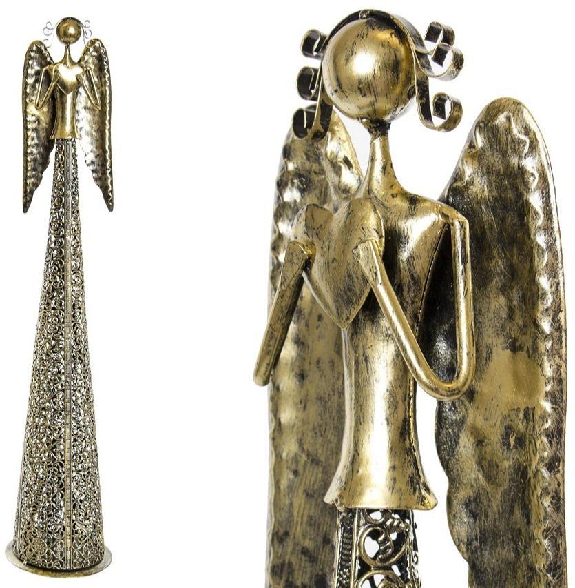 Anioł metalowy złoty 68cm ażurowy z sercem góra (ART18392) fi 14cm