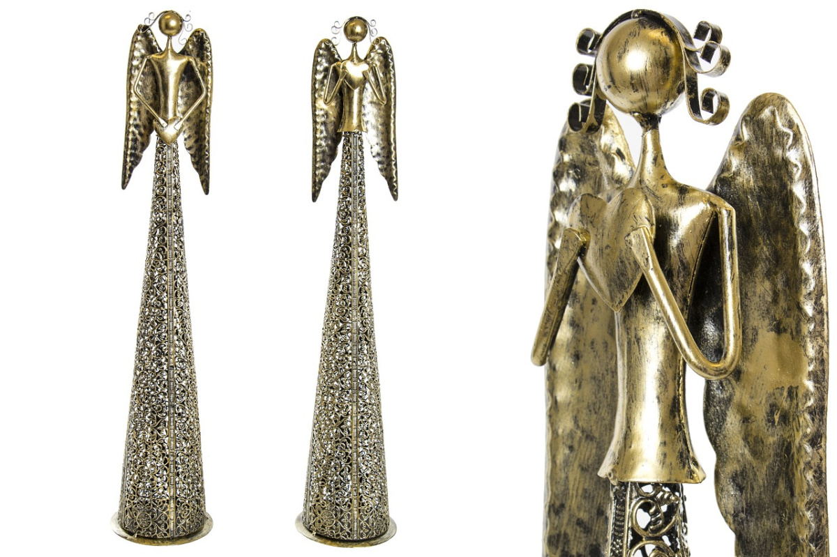 Anioł metalowy złoty 68cm ażurowy z sercem w dół (ART18392) fi 14cm