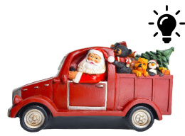 Mikołaj ceramiczny w samochodzie z choinką LED na baterie 2*AAA (4384) h:18,5*36*13,5cm