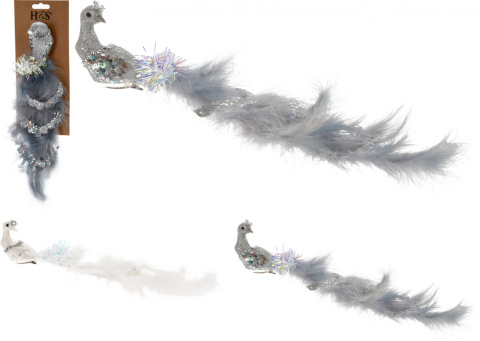 Paw z piór na klipsie szary 34cm z brokatem (010434,057299)