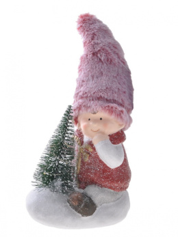 Chłopiec ceram. siedzący z choinką LED czapka różowe futro (SHM202189) 20*12*9cm