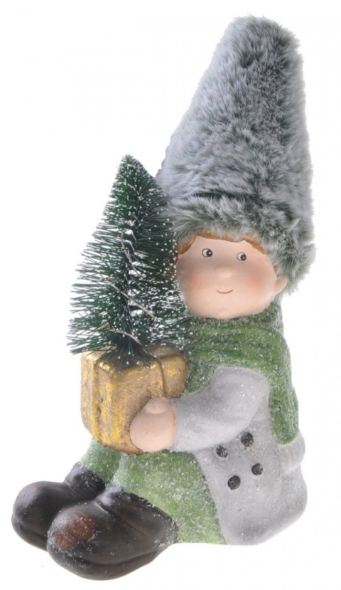 Dziecko ceramiczne z choinką zielona czapka futerko (SHM202025C) h:17*25cm