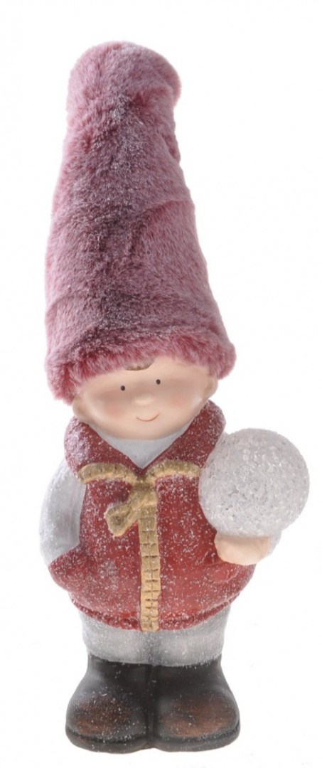 Dziecko ceramiczne z kulą LED czapka różowe futroVCHŁOPIEC 35*12cm (SHM202186)