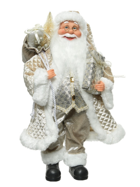Mikołaj stojący beżowy 45cm w płaszczu z paczkami (560123)