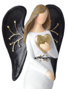 Anioł ceram. siedzący biały z sercem czarne skrzydła (2591) h:20,5*8*8cm