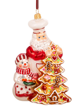 Bombka Huras: Mikołaj z bałwanem dekorują choinkę z piernika (S197)
