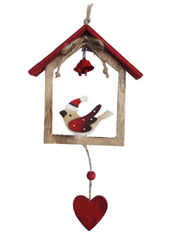 Zawieszka domek drewniana z ptaszkiem, sercem i dzwoneczkami (SL-344)