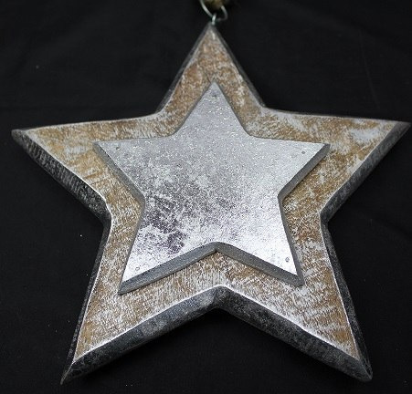 Zawieszka gwiazdka drewniana przecierana srebrna mała 12cm (CH1-07632)-20%