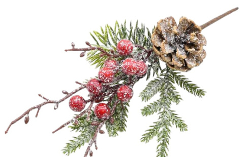 Pik 27cm z szyszką i czerwonymi owocami śnieżony (CV29671)-20%