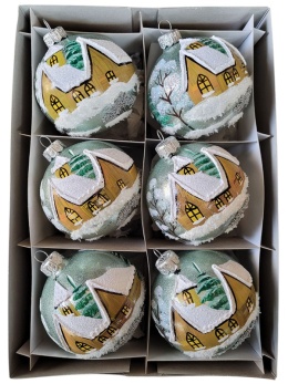 Bombki 80 dekorowane pejzaż op.6szt.: KOŚCIÓŁ METALIZOWANY miętowy