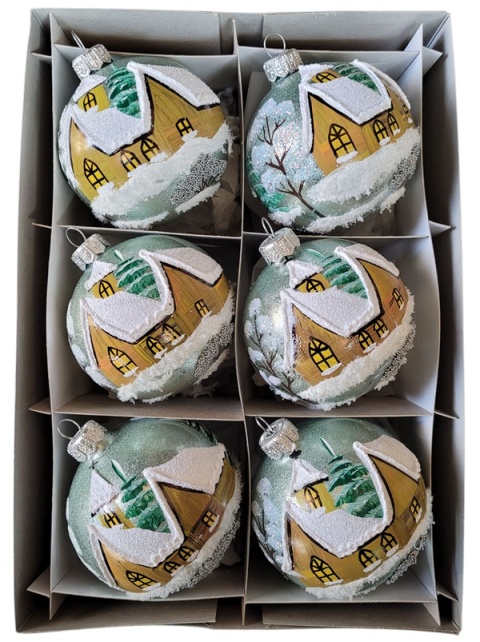 Bombki 80 dekorowane pejzaż op.6szt.: KOŚCIÓŁ METALIZOWANY miętowy