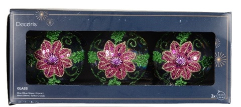 Kpl. 3 bombki szklane fi 8cm bańka mydlana brokatowy kwiat (071180)