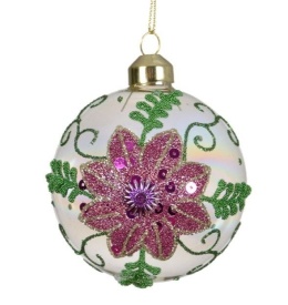 Kpl. 3 bombki szklane fi 8cm bańka mydlana brokatowy kwiat (071180)