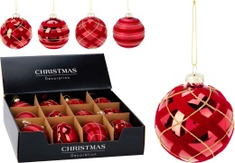 Bombka szklana 8cm mat czerwony welur paski (512271)