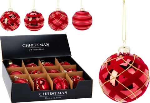 Bombka szklana 8cm mat czerwony welur paski (512271)