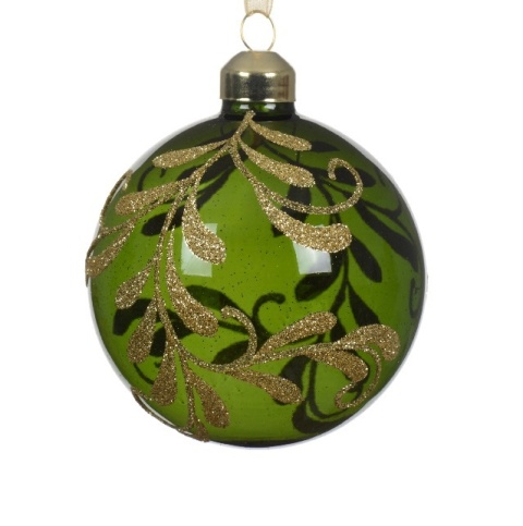 Bombka szklana 8cm trasparentna zieleń, złoty brokat (070650)