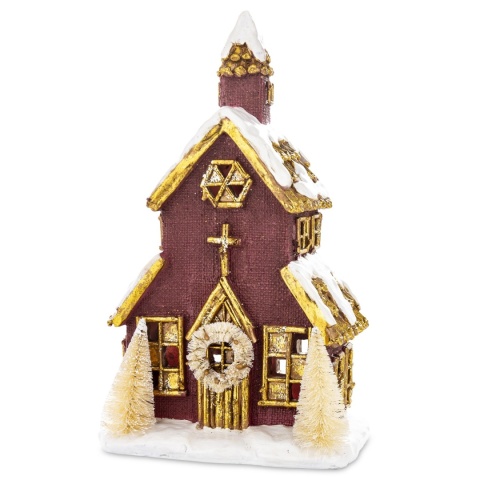 Kościółek brązowy LED z choinkami (170429)