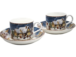 Kpl. 2-ch filiżanek z talerzykami ceramicznymi"świąteczna wioska" (PG-19857) w ozdobnym pudełku