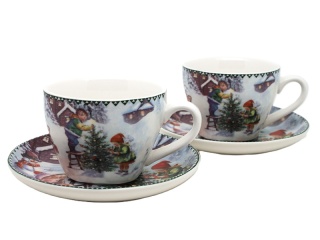 Kpl. 2-ch filiżanek z talerzykami ceramicznymi "świąteczny czas" (PG-19437) w ozdobnym pudełku