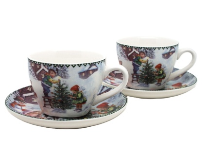 Kpl. 2-ch filiżanek z talerzykami ceramicznymi "świąteczny czas" (PG-19437) w ozdobnym pudełku