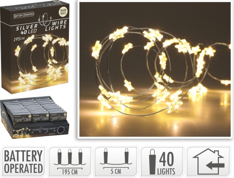 Lampki na druciku 40LED gwiazdki białe ciepłe 195cm na baterie(AX9731660)