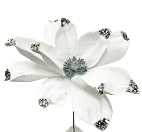 Magnolia welurowa biała duża srebrny brokat (RF0977)