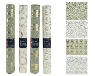 Materiał dekoracyjny len khaki złote renifery (463453) 35x200cm