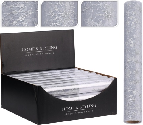 Organza biało/srebrna gwiazdki srebrny brokat (513441)