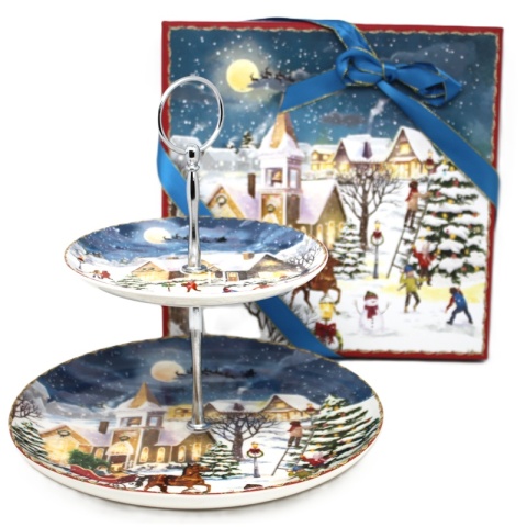 Two-tier ceramic platter "Christmas village" (PG-19871) in a decorative box