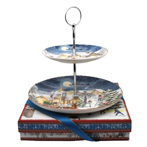 Two-tier ceramic platter "Christmas village" (PG-19871) in a decorative box