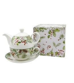 Filiżanka z dzbankiem i spodkiem porcelana Christmas Leaves ozdobne pudełko