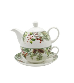 Filiżanka z dzbankiem i spodkiem porcelana Christmas Leaves ozdobne pudełko