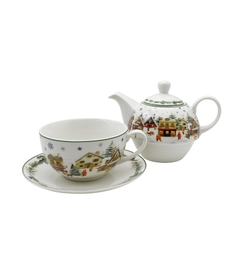 Christmas Village porcelain cup, jug and saucer, decorative box