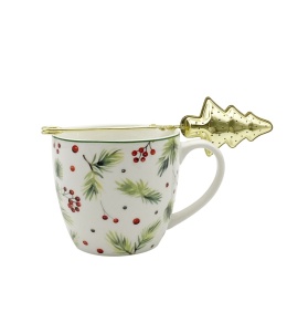Kubek porcelana 460ml z metalowym zaparzaczem Christmas Leaves ozdobne pudełko