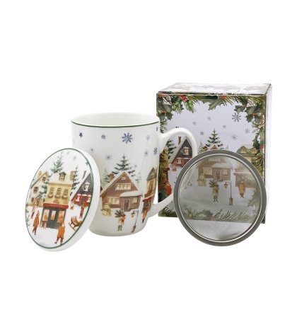 Kubek porcelana z zaparzaczem Christmas Village ozdobne pudełko