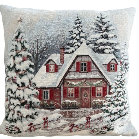 Obrus gobelin Chenille 100x100cm ŚNIEŻNY DOMEK (TX0007-4112)