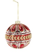 Glass bauble 10cm embossed red with zircons (523401)