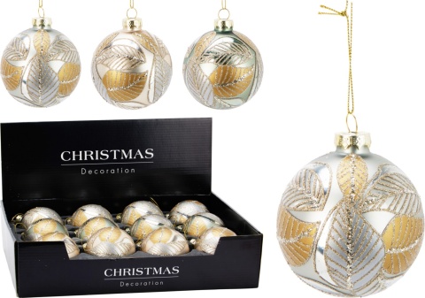 Bombka szklana 8cm khaki mat złote liście brokatowe (518801)