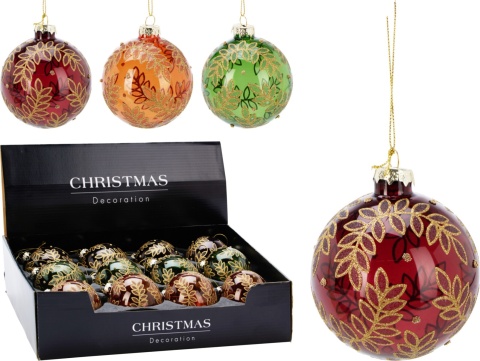 Bombka szklana 8cm transparentna zielona złote liście (513342)