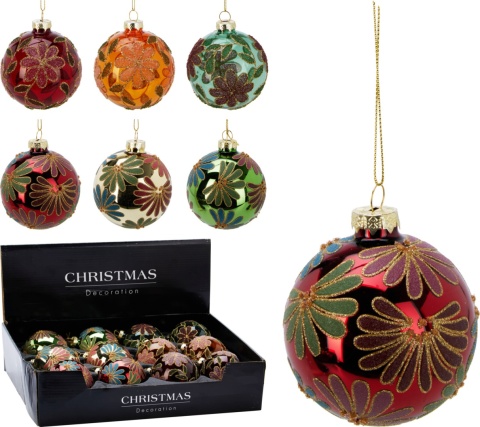 Bombka szklana 8cm zielony błysk malowane płatki (523386)