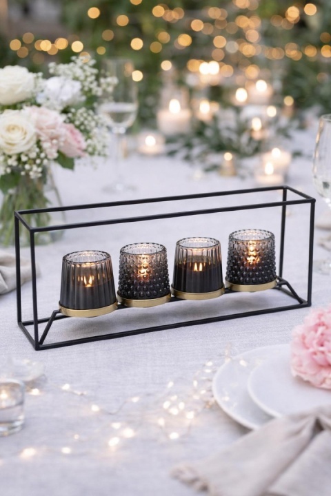 Świecznik metalowy podłużny 4szkła ombre grafit (059457)