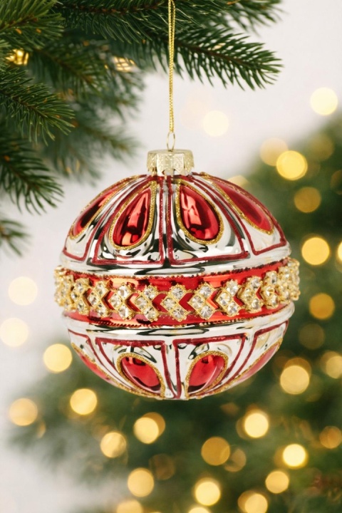 Glass bauble 10cm embossed red with zircons (523401)-10%