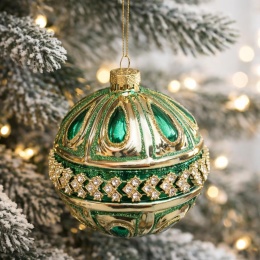 Glass bauble 10cm embossed green with zircons (523401)-10%